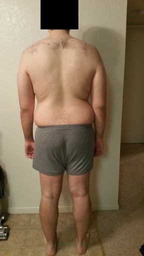 A before and after photo of a 6'1" male showing a snapshot of 243 pounds at a height of 6'1