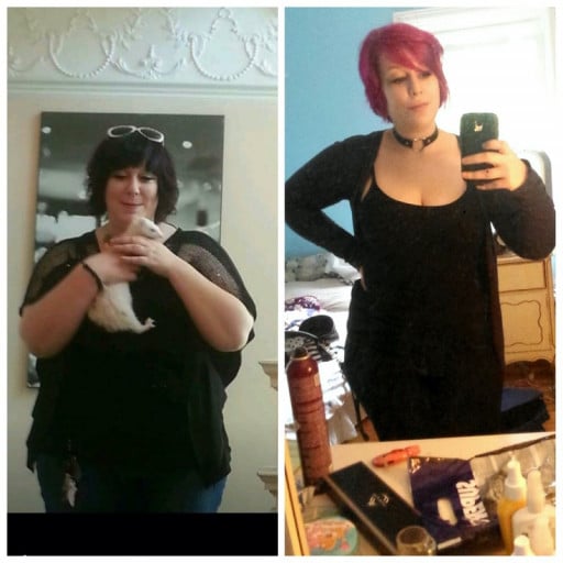A before and after photo of a 5'4" female showing a weight cut from 240 pounds to 163 pounds. A respectable loss of 77 pounds.