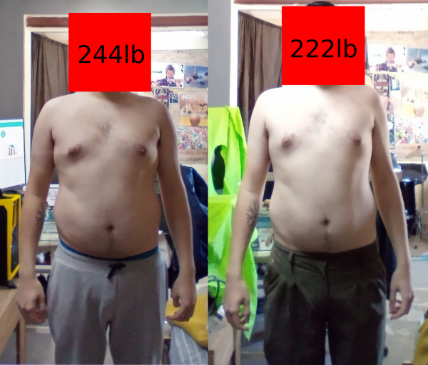 A before and after photo of a 6'2" male showing a weight reduction from 244 pounds to 222 pounds. A net loss of 22 pounds.