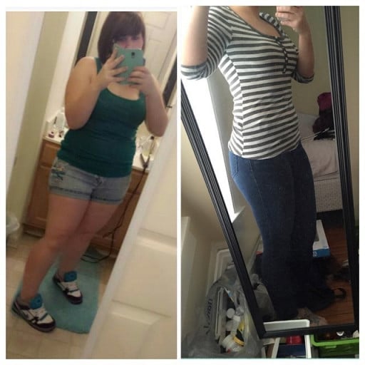 35 pounds later and I finally love myself. Then and now. F/22/5'3" 195>160=35 pounds, a little over a year and a half.