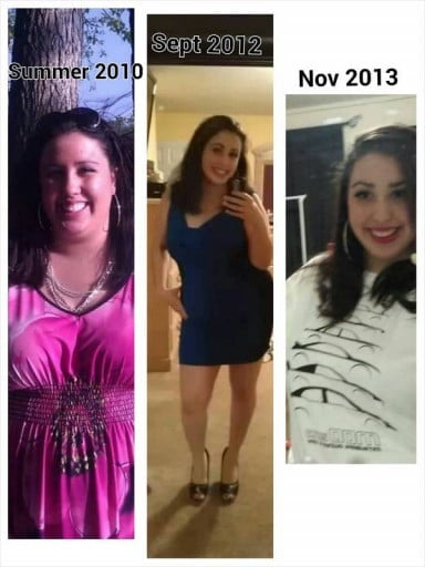 A progress pic of a 5'7" woman showing a fat loss from 260 pounds to 207 pounds. A respectable loss of 53 pounds.