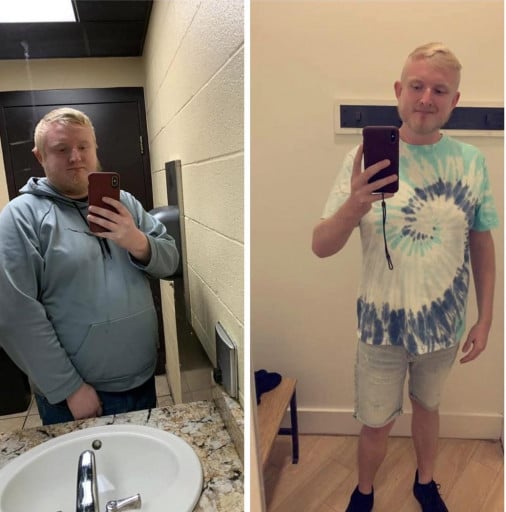 A picture of a 6'0" male showing a weight loss from 300 pounds to 180 pounds. A respectable loss of 120 pounds.