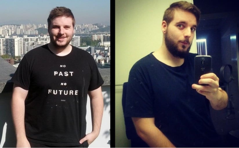 A progress pic of a 5'8" man showing a fat loss from 280 pounds to 205 pounds. A net loss of 75 pounds.