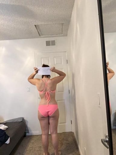 A before and after photo of a 5'4" female showing a snapshot of 144 pounds at a height of 5'4