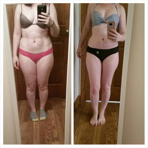 A before and after photo of a 5'0" female showing a weight reduction from 135 pounds to 121 pounds. A net loss of 14 pounds.