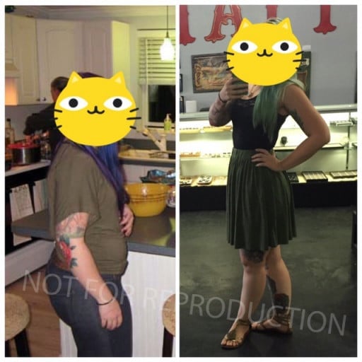 A picture of a 5'3" female showing a weight loss from 160 pounds to 139 pounds. A total loss of 21 pounds.