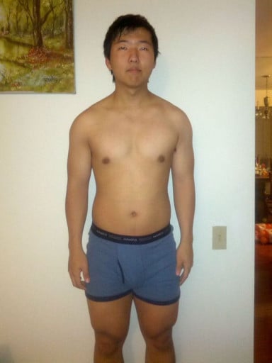A before and after photo of a 5'8" male showing a snapshot of 173 pounds at a height of 5'8