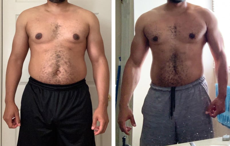 A progress pic of a 6'2" man showing a fat loss from 240 pounds to 225 pounds. A respectable loss of 15 pounds.
