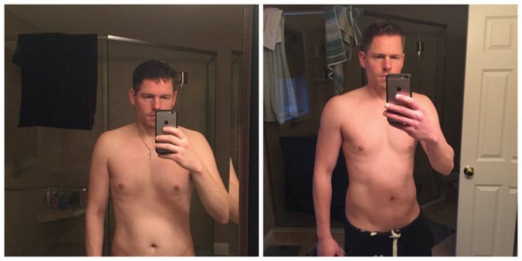 A before and after photo of a 6'0" male showing a snapshot of 175 pounds at a height of 6'0