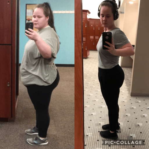 A before and after photo of a 5'4" female showing a weight reduction from 295 pounds to 188 pounds. A total loss of 107 pounds.