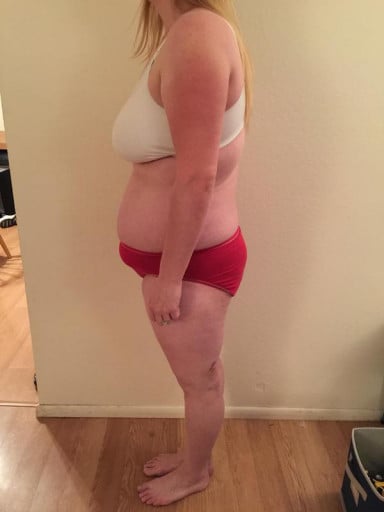 A progress pic of a 5'8" woman showing a snapshot of 227 pounds at a height of 5'8