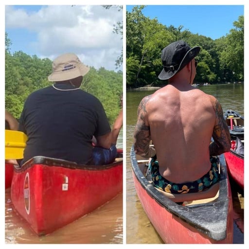 A before and after photo of a 6'0" male showing a weight reduction from 252 pounds to 202 pounds. A total loss of 50 pounds.