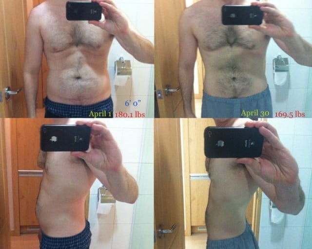 A progress pic of a 6'0" man showing a fat loss from 180 pounds to 169 pounds. A net loss of 11 pounds.