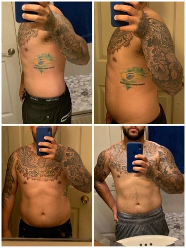 A progress pic of a 5'7" man showing a fat loss from 192 pounds to 182 pounds. A total loss of 10 pounds.