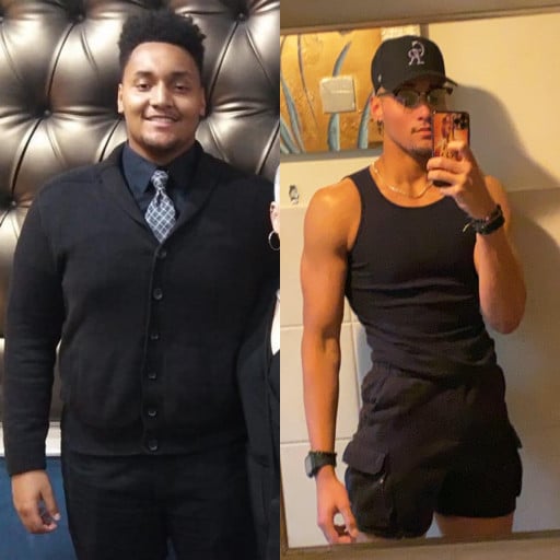 A progress pic of a 6'3" man showing a fat loss from 315 pounds to 200 pounds. A total loss of 115 pounds.