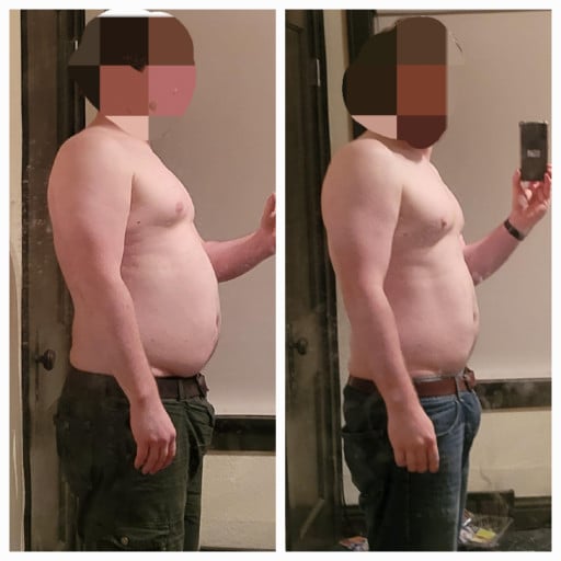 A progress pic of a 5'11" man showing a fat loss from 270 pounds to 220 pounds. A respectable loss of 50 pounds.