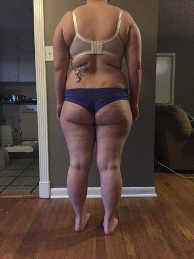 A before and after photo of a 5'7" female showing a snapshot of 213 pounds at a height of 5'7