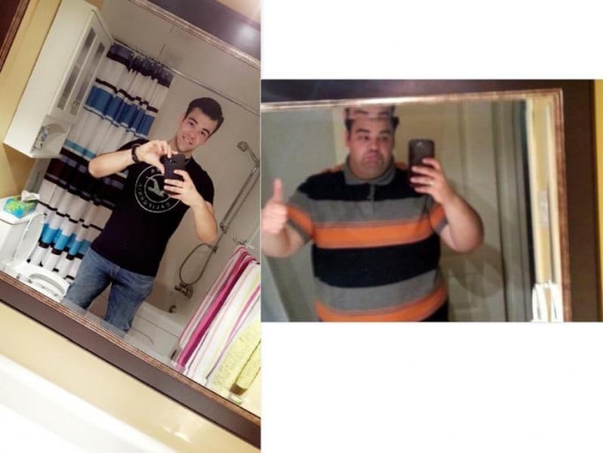 A before and after photo of a 5'10" male showing a weight reduction from 340 pounds to 168 pounds. A net loss of 172 pounds.