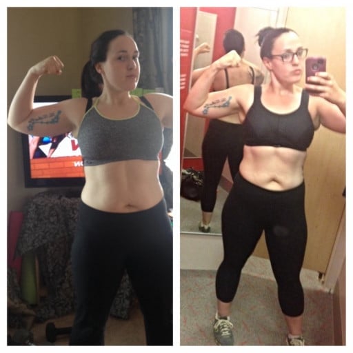 A picture of a 5'6" female showing a weight loss from 198 pounds to 178 pounds. A total loss of 20 pounds.