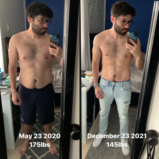 A picture of a 5'5" male showing a weight loss from 175 pounds to 145 pounds. A net loss of 30 pounds.