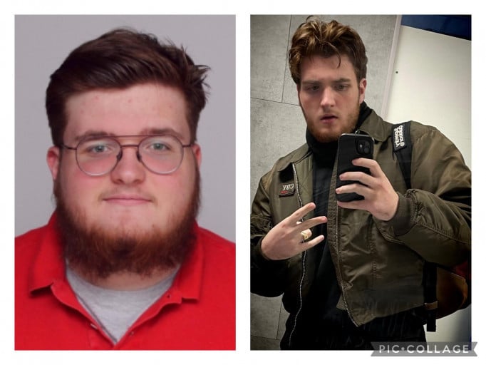 A before and after photo of a 6'1" male showing a weight reduction from 291 pounds to 194 pounds. A total loss of 97 pounds.