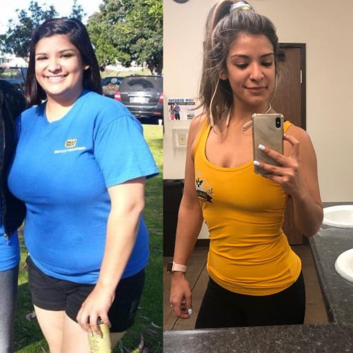 A photo of a 5'4" woman showing a weight cut from 200 pounds to 135 pounds. A net loss of 65 pounds.