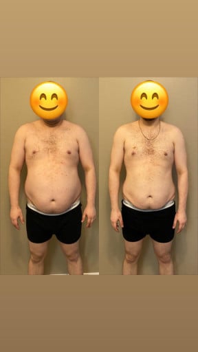 A progress pic of a 5'10" man showing a fat loss from 262 pounds to 219 pounds. A net loss of 43 pounds.