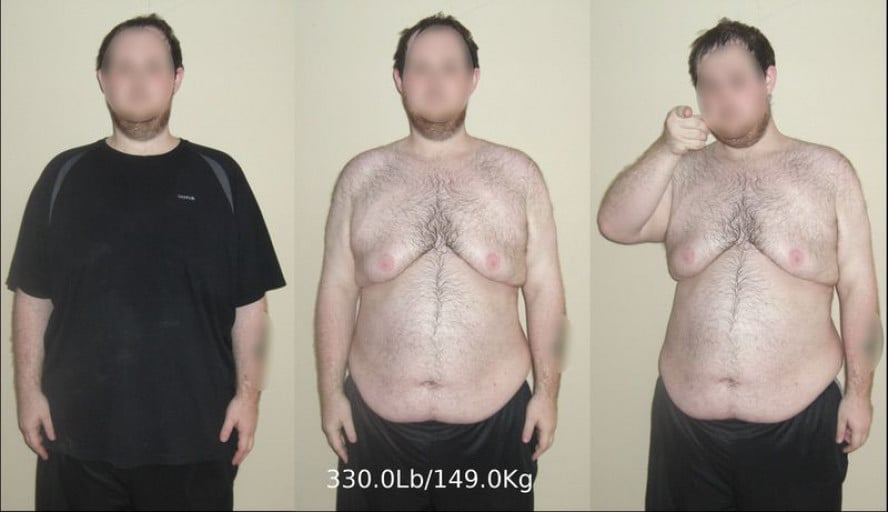 A progress pic of a 6'1" man showing a weight loss from 330 pounds to 267 pounds. A net loss of 63 pounds.