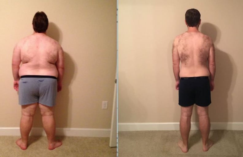 A photo of a 6'0" man showing a fat loss from 400 pounds to 199 pounds. A total loss of 201 pounds.