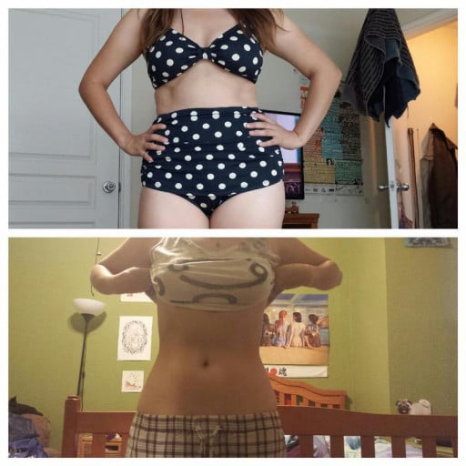 A before and after photo of a 5'2" female showing a weight reduction from 138 pounds to 125 pounds. A total loss of 13 pounds.