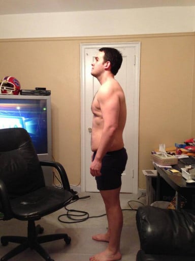 A before and after photo of a 5'10" male showing a snapshot of 213 pounds at a height of 5'10