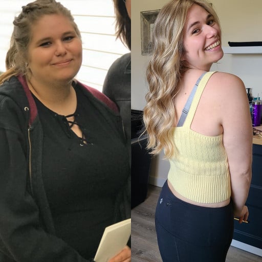 A progress pic of a 5'2" woman showing a fat loss from 236 pounds to 136 pounds. A net loss of 100 pounds.