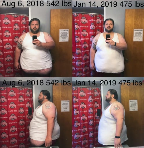 A picture of a 6'1" male showing a weight loss from 542 pounds to 475 pounds. A net loss of 67 pounds.