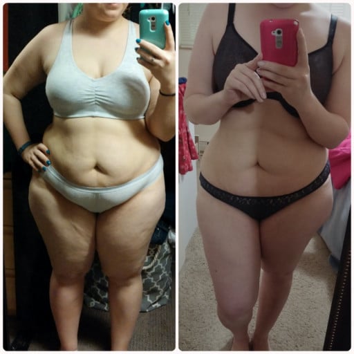 A progress pic of a 5'3" woman showing a fat loss from 220 pounds to 190 pounds. A net loss of 30 pounds.