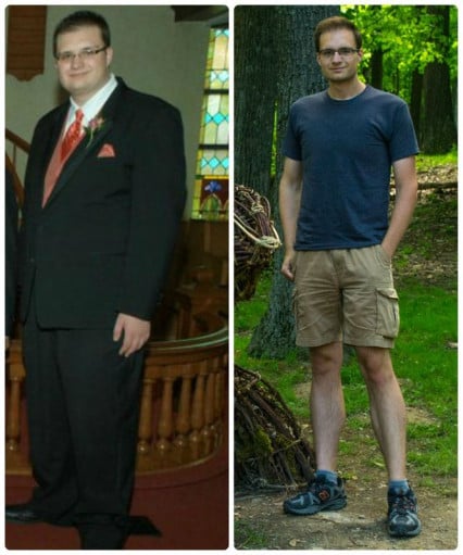A progress pic of a 6'8" man showing a fat loss from 340 pounds to 225 pounds. A net loss of 115 pounds.