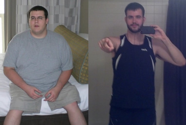 A progress pic of a 6'0" man showing a fat loss from 325 pounds to 205 pounds. A net loss of 120 pounds.