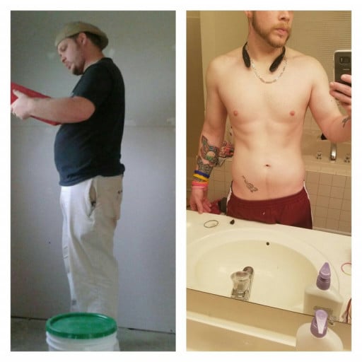 A progress pic of a 5'11" man showing a fat loss from 240 pounds to 155 pounds. A total loss of 85 pounds.