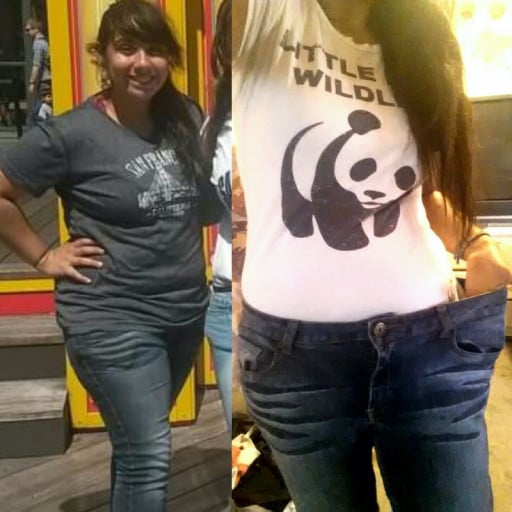A before and after photo of a 5'5" female showing a weight reduction from 202 pounds to 152 pounds. A respectable loss of 50 pounds.