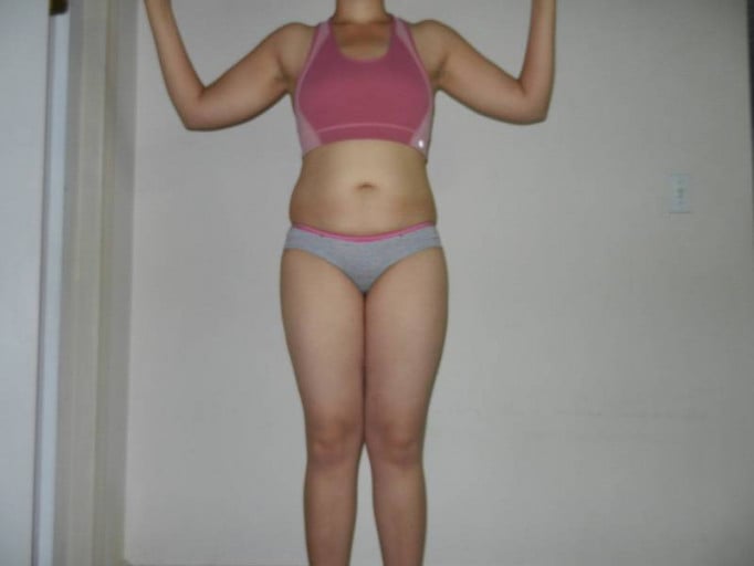 A before and after photo of a 5'7" female showing a snapshot of 158 pounds at a height of 5'7