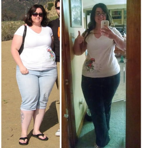 A progress pic of a 5'4" woman showing a fat loss from 262 pounds to 199 pounds. A net loss of 63 pounds.