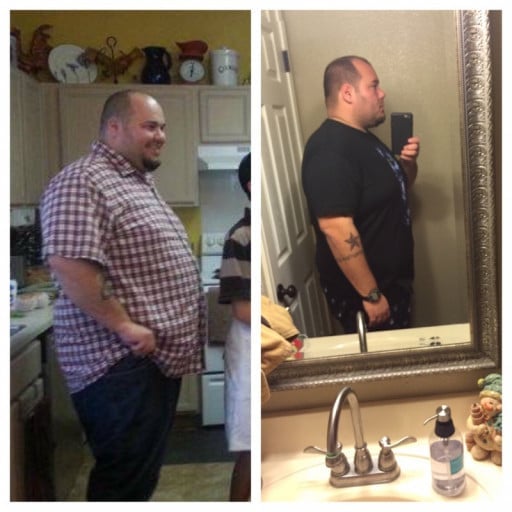 A before and after photo of a 5'10" male showing a weight reduction from 359 pounds to 313 pounds. A net loss of 46 pounds.