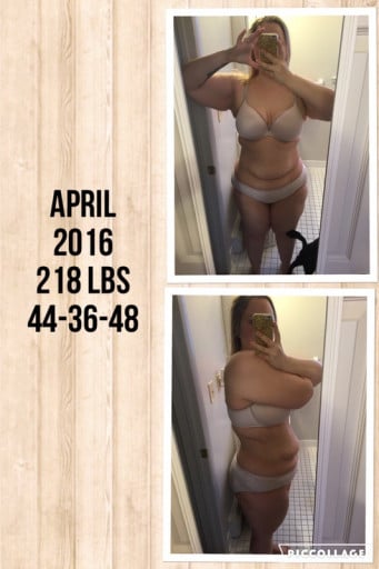 A before and after photo of a 5'6" female showing a weight loss from 283 pounds to 212 pounds. A net loss of 71 pounds.