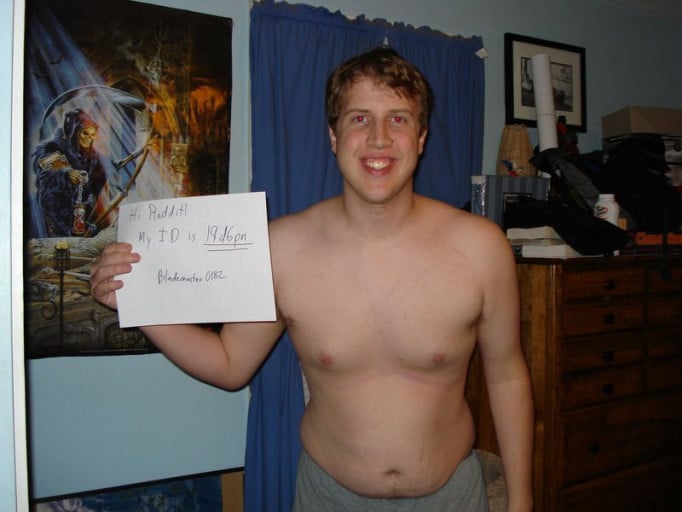 A before and after photo of a 5'11" male showing a snapshot of 215 pounds at a height of 5'11