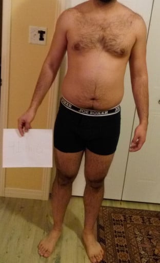 A before and after photo of a 6'0" male showing a snapshot of 205 pounds at a height of 6'0