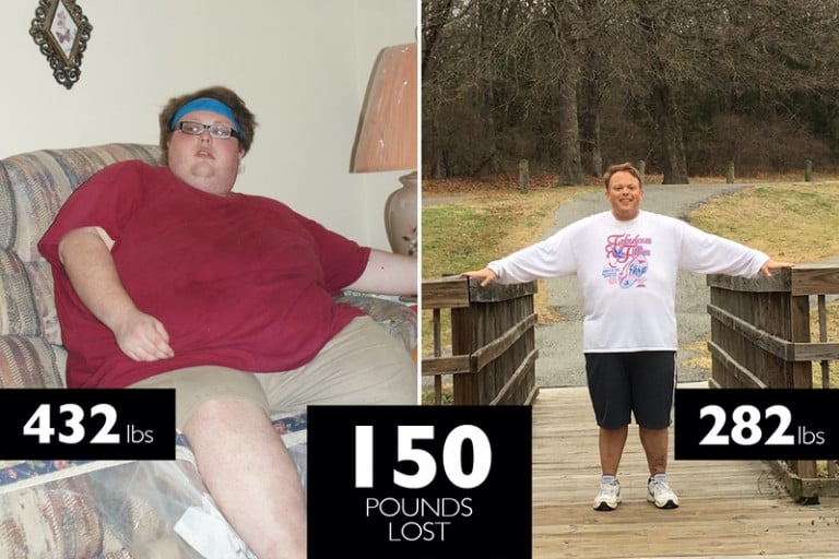A picture of a 5'10" male showing a weight loss from 432 pounds to 282 pounds. A total loss of 150 pounds.