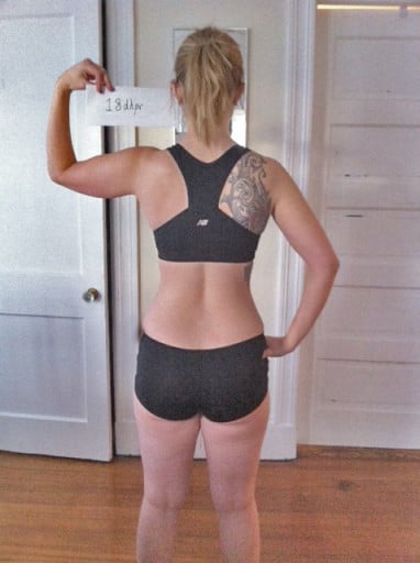 A photo of a 5'6" woman showing a snapshot of 147 pounds at a height of 5'6