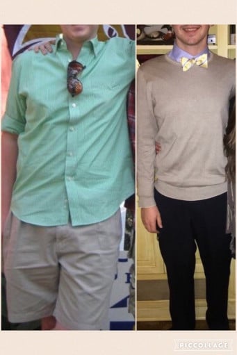 A before and after photo of a 6'3" male showing a weight reduction from 237 pounds to 175 pounds. A net loss of 62 pounds.