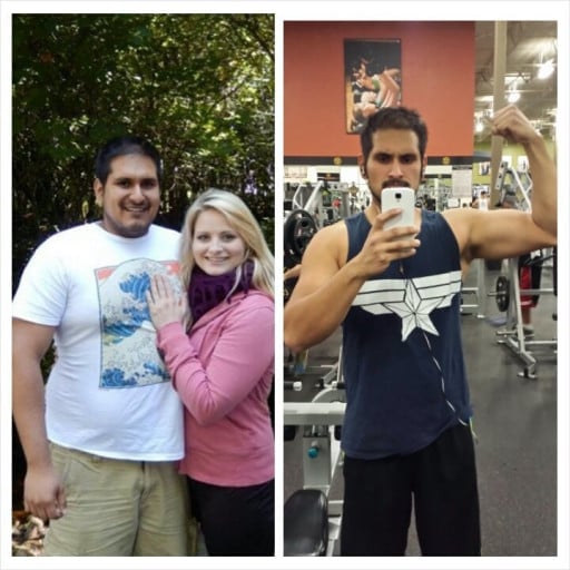 A progress pic of a 6'0" man showing a fat loss from 258 pounds to 187 pounds. A net loss of 71 pounds.