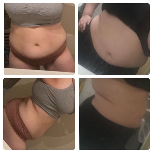 A before and after photo of a 5'3" female showing a weight reduction from 220 pounds to 175 pounds. A total loss of 45 pounds.