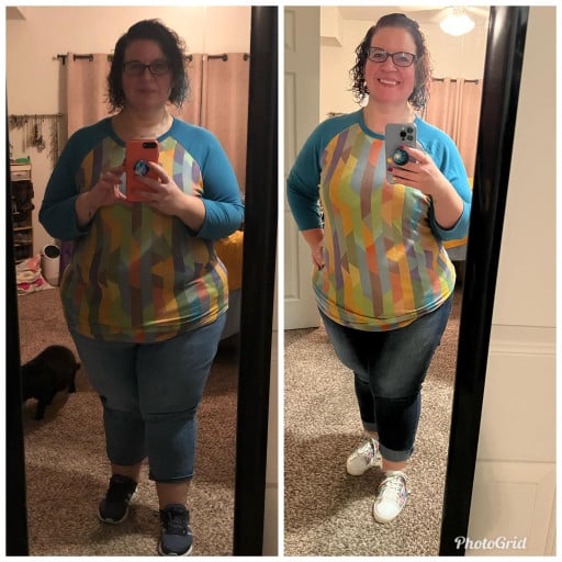 A progress pic of a 5'4" woman showing a fat loss from 285 pounds to 233 pounds. A respectable loss of 52 pounds.